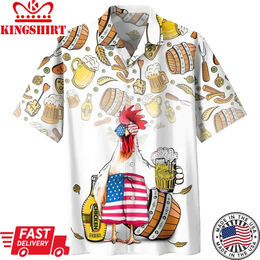 Chicken Beer Trendy Hawaiian Shirt, Summer Men Trendy Hawaiian Shirts Casual Button Down Short Sleeve Shirt