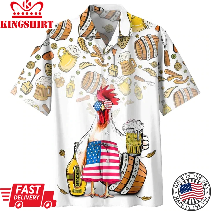 Chicken Beer Trendy Hawaiian Shirt, Summer Men Trendy Hawaiian Shirts - Casual Button Down Short Sleeve Shirt