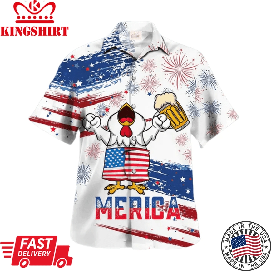 Chicken Drink Beer Trendy Hawaiian Shirt Chicken Merica Patriotic Trendy Hawaiian Shirt