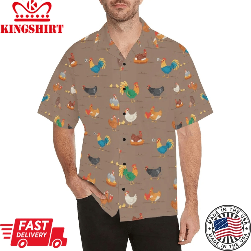 Chicken Happy Print Pattern Trendy Hawaiian Shirt, Chicken Lover Trendy Hawaiian Shirt For Summer Gifts