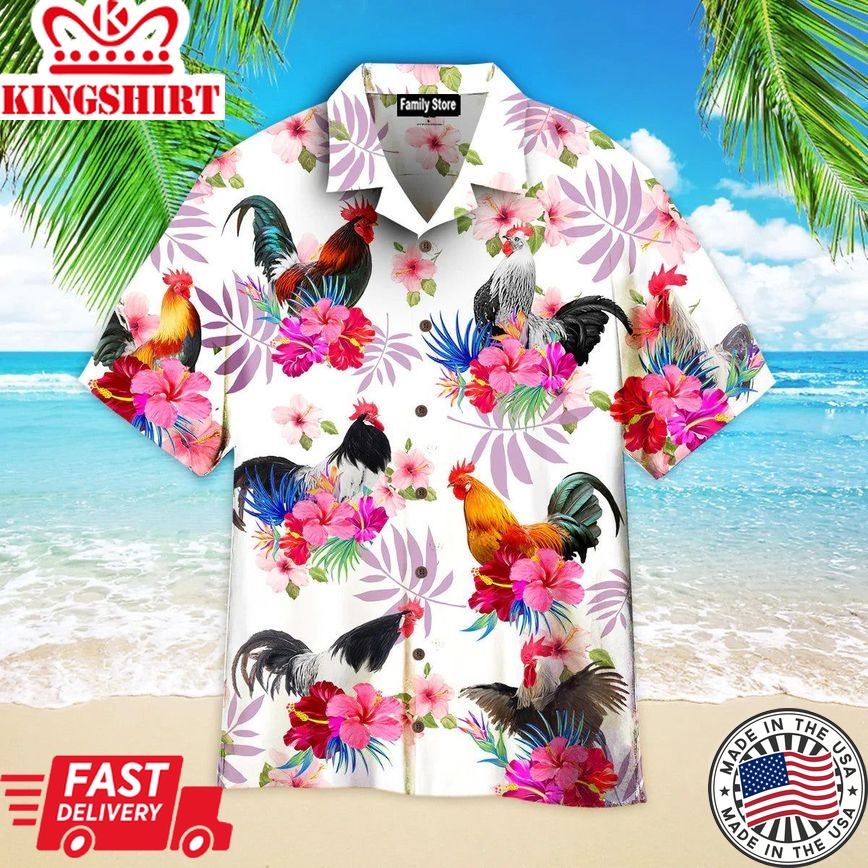 Chicken Hibiscus Rooster Pink Hawaiian Shirts