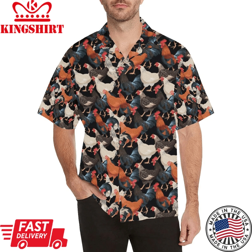 Chicken Print Pattern Trendy Hawaiian Shirt, Chicken Lover Trendy Hawaiian Shirt For Summer Gifts