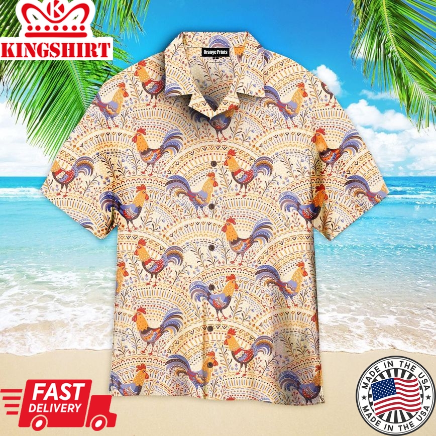 Chicken Roosters In Floral Ornament On A Beige Native Pattern Trendy Hawaiian Shirt For