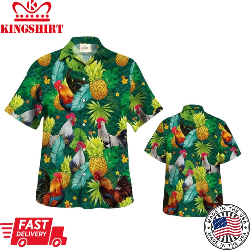 Chicken Trendy Hawaiian Shirt, Rooster Trendy Hawaiian Shirt, Chicken Tropical Pineapple Trendy Hawaiian Shirts