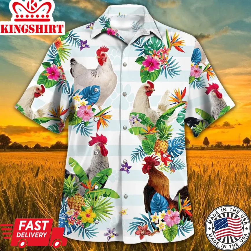 Chicken Tropical Flower Trendy Hawaiian Shirt, Chicken Lover Trendy Hawaiian Shirt For Summer Gifts