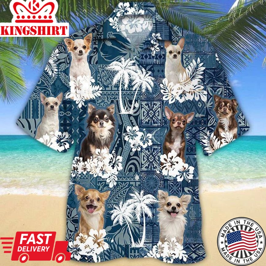 Chihuahua Hawaiian Tropical Plants Pattern Blue And White All Over Printed 3D Trendy Hawaiian Shirt