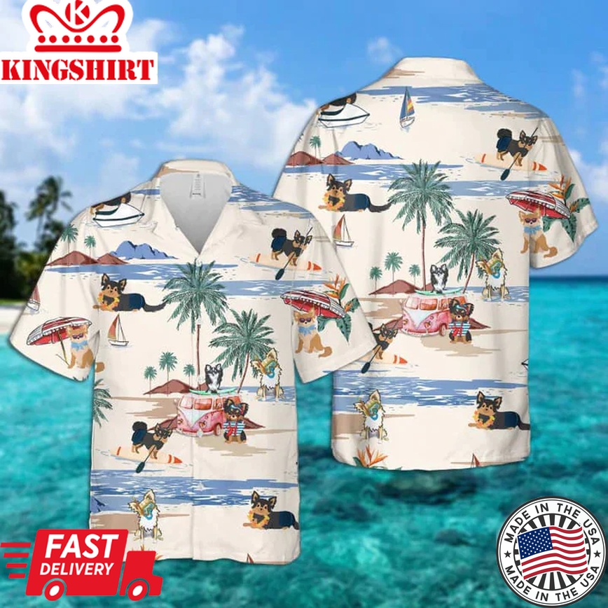 Chihuahua Longhair Summer Beach Trendy Hawaiian Shirt, Trendy Hawaiian Shirts For Men Short Sleeve Aloha Beach Shirt