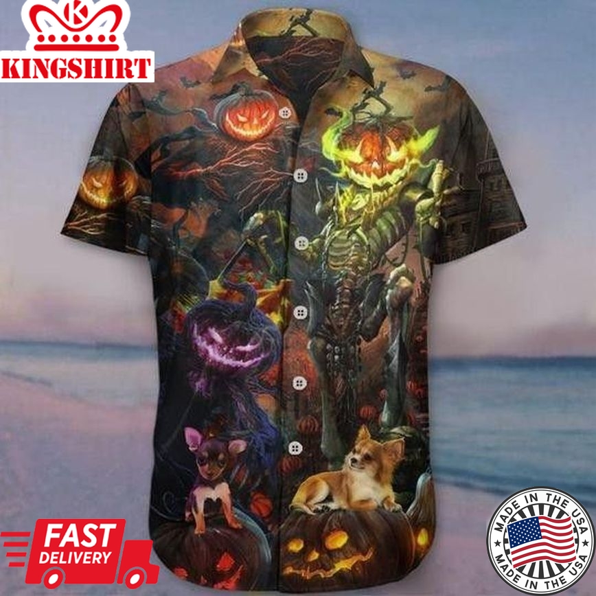 Chihuahua Pumpkin King Halloween Trendy Hawaiian Shirt, Chihuahua Aloha Shirt, Trendy Hawaiian Shirt For Dog Lover