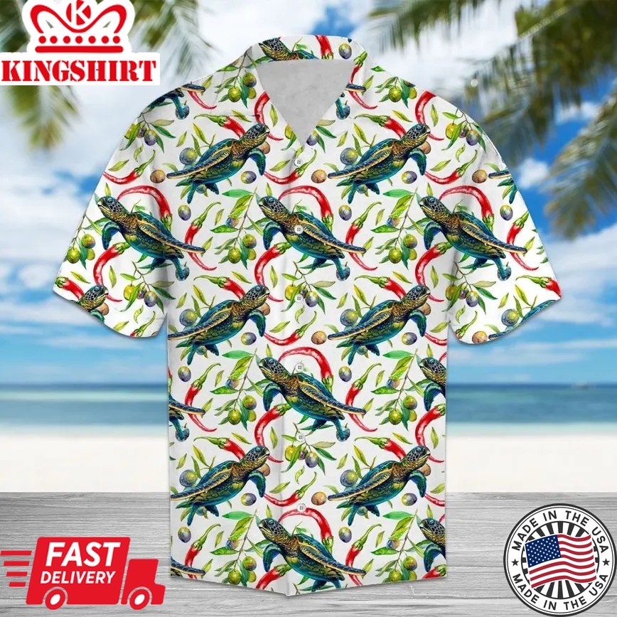 Chili Peppers And Turtle Trendy Hawaiian Shirt, Turtle Lover Trendy Hawaiian Shirt For