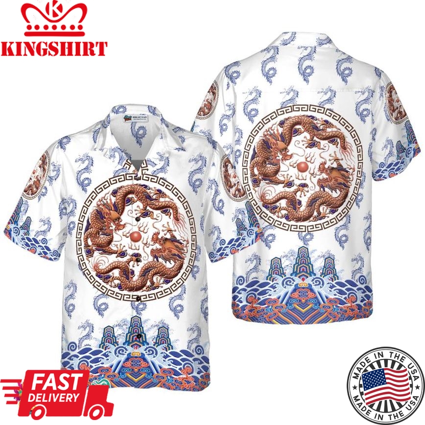 Chinoiserie Dragon White Hawaiian Shirt