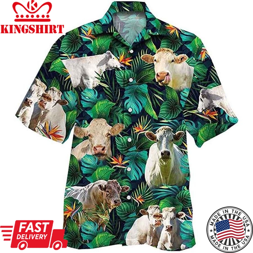 Chorolais Cow Tropical Hawaiian Button Up Shirt, Cows Lovers Trendy Hawaiian Shirt For Men, Women