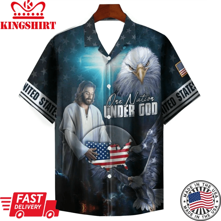 Christian Aloha Shirt, Christian American One Nation Under God Eagle Independence Day Trendy Hawaiian Shirt