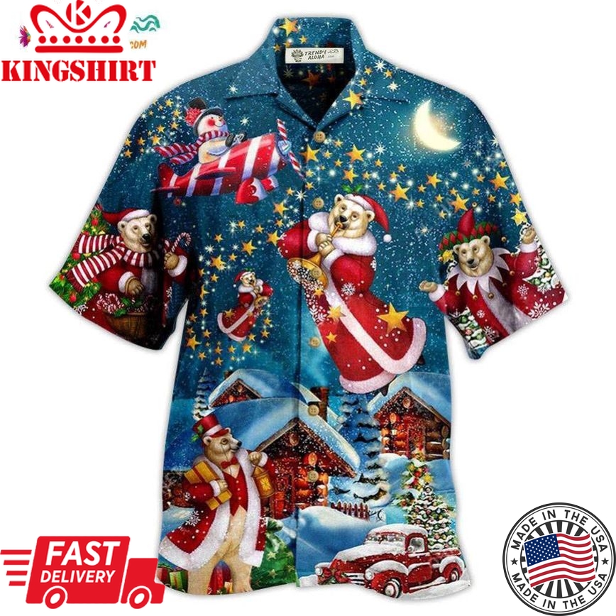 Christmas Bear Santa In The Night Hawaiian Shirt