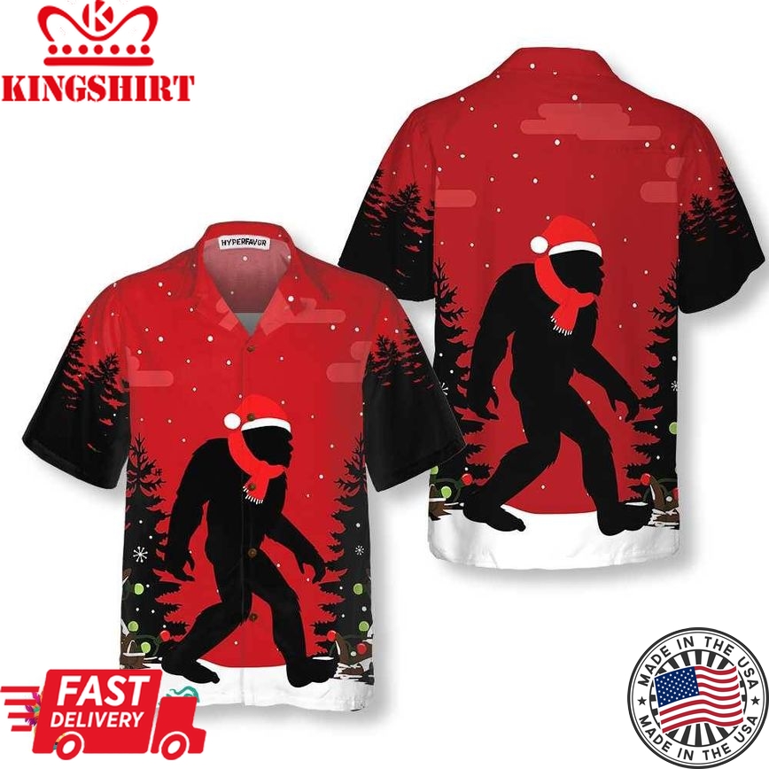 Christmas Bigfoot In The Forest Hawaiian Shirt, Funny Christmas Bigfoot Shirt For Men