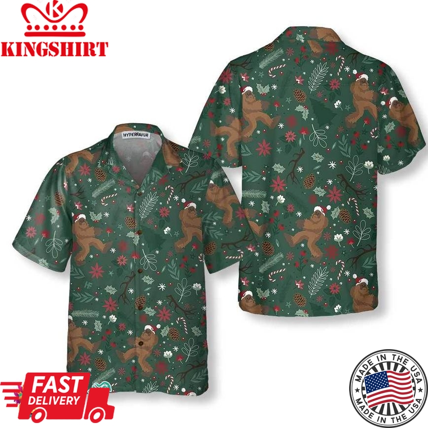 Christmas Bigfoot Pattern Hawaiian Shirt, Funny Bigfoot Christmas Shirt For Men