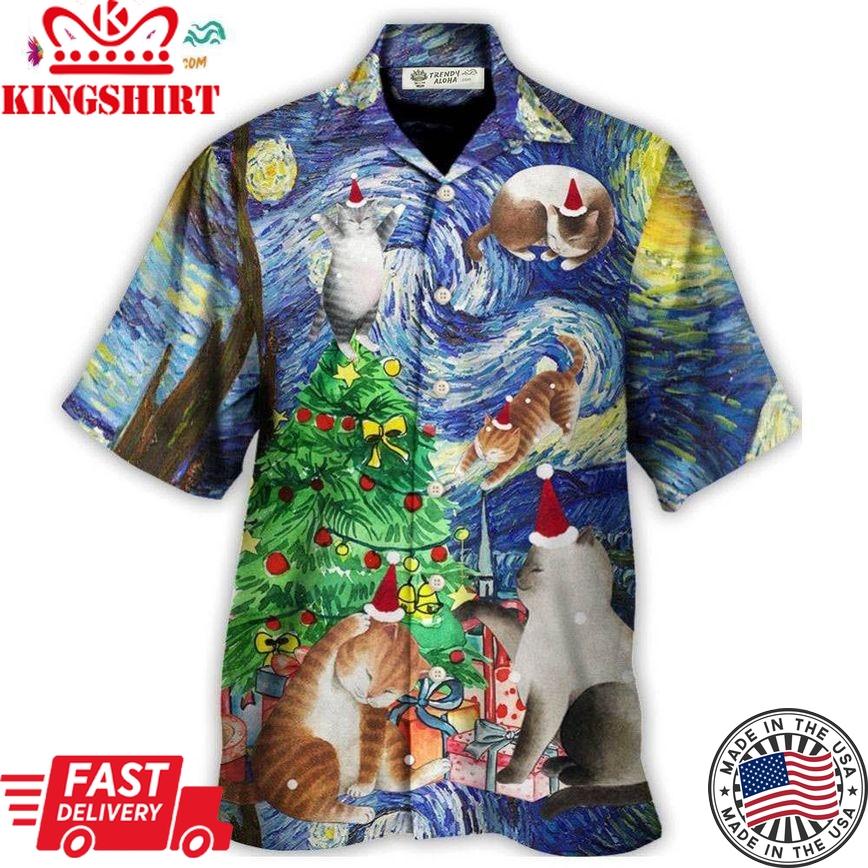 Christmas Cat Playing In Starry Night Hawaiian Shirt