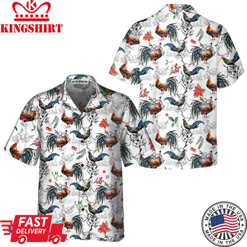 Christmas Chicken With Poinsettia Flower Hawaiian Shirt, Tropical Christmas Shirt For Men