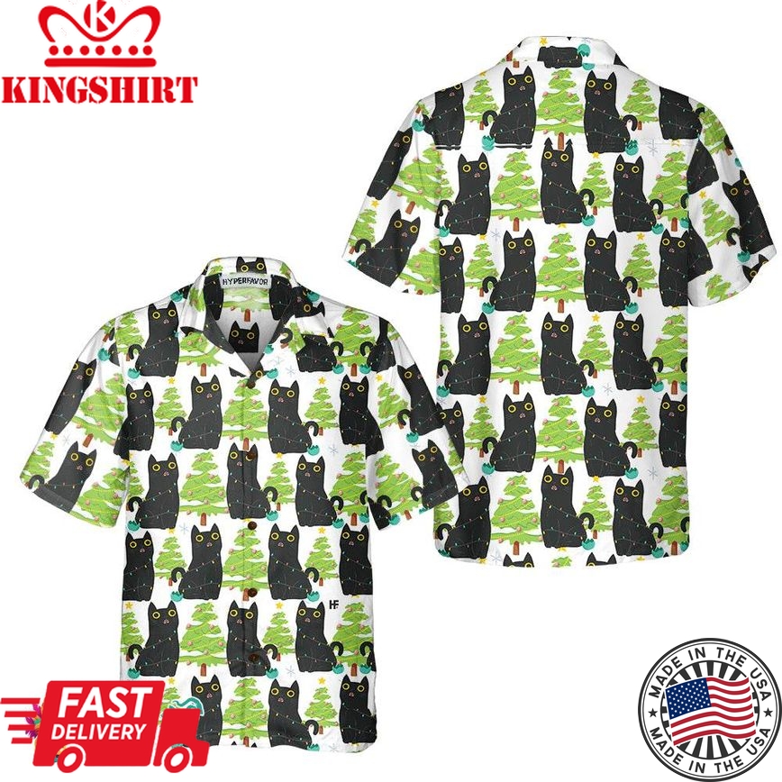 Christmas Funny Black Cat Hawaiian Shirt, Cute Christmas Hawaiian Shirt Gift For Men And Women