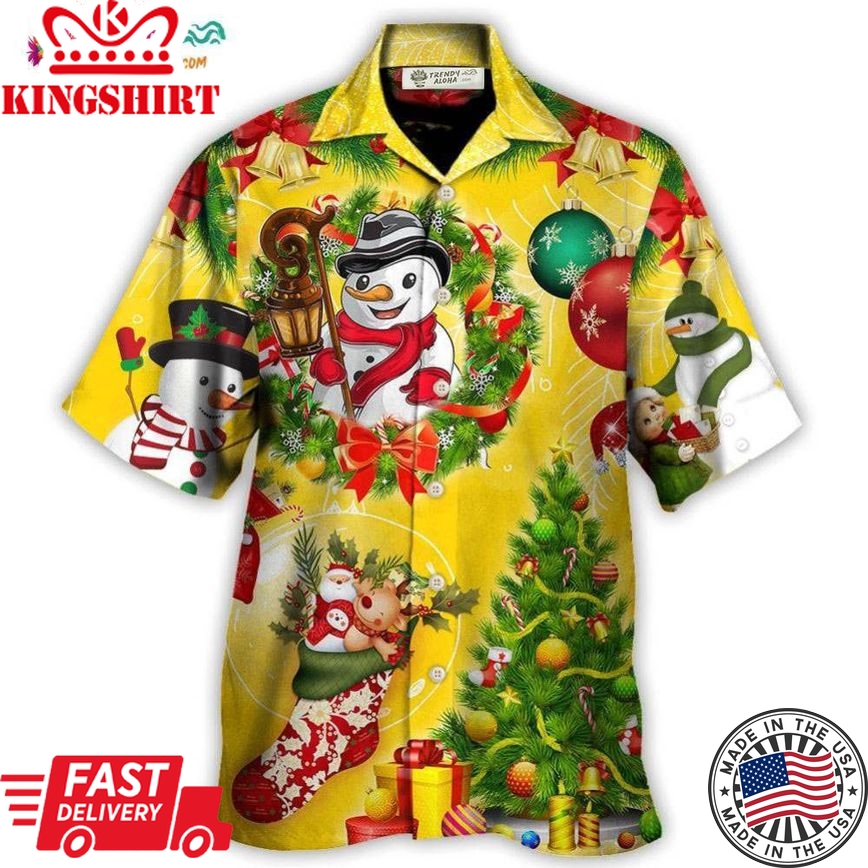 Christmas Funny Snowman Happy Christmas Tree Yellow Light Hawaiian Shirt