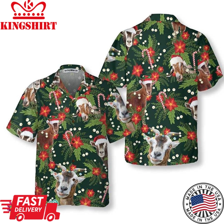 Christmas Goat With Poinsettia Flower Hawaiian Shirt, Funny Christmas Goat Shirt