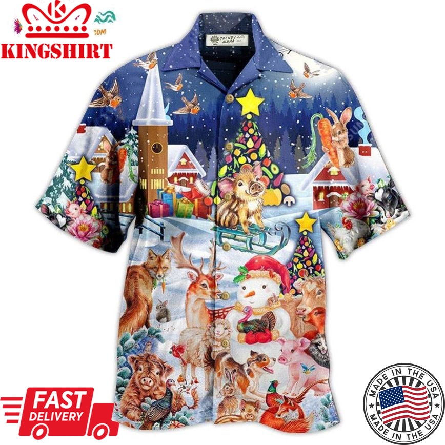 Christmas Happy Animals In Night Hawaiian Shirt