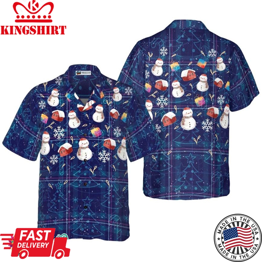 Christmas Hawaiian Shirts, Christmas Snowman Dark Blue Plaid Pattern Shirt Short Sleeve, Christmas Shirt Idea Gift For Men And Women