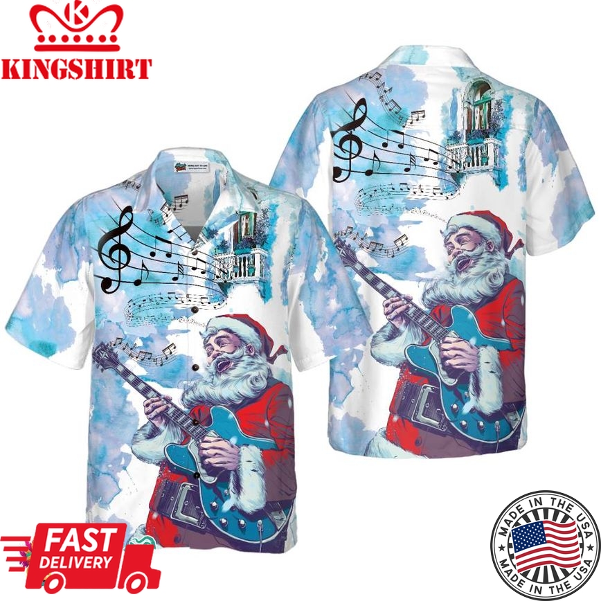 Christmas Hawaiian Shirts, Chritmas Santa Guitar Music Pattern Shirt Short Sleeve, Christmas Shirt Idea Gift For Men And Women