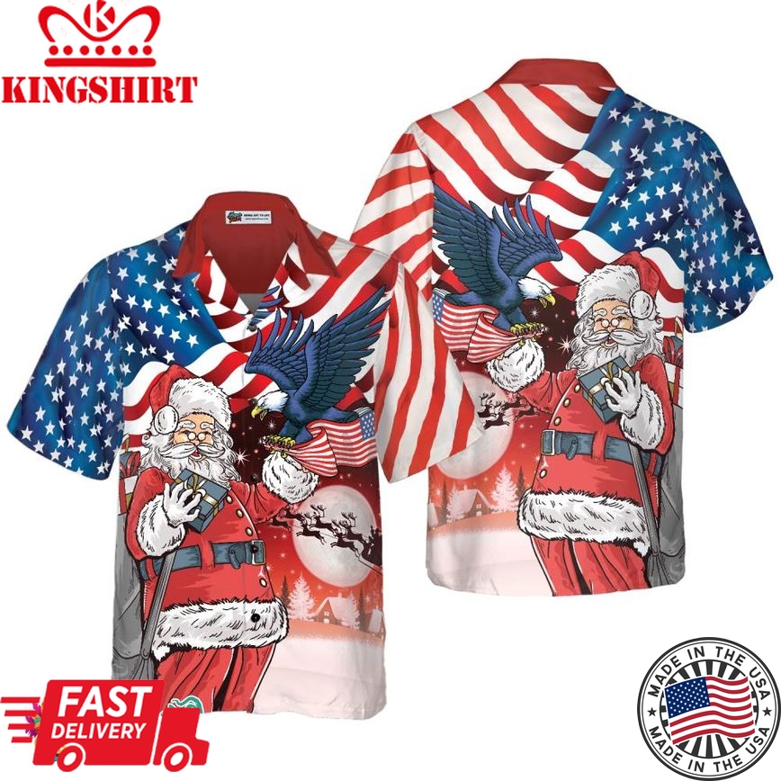 Christmas Hawaiian Shirts, Eagle Perched On Santa's Hand With American Flag Background Shirt Short Sleeve, Christmas Shirt Idea Gift For Men And Women