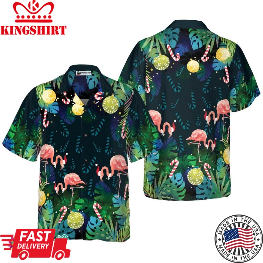 Christmas Hawaiian Shirts For Men And Women, Christmas Flamingo Tropical Hawaiian Shirt Button Down Shirt Short Sleeve