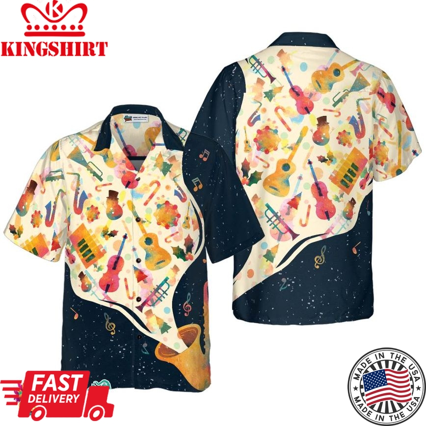 Christmas Hawaiian Shirts For Men And Women, Christmas Musical Instruments Hawaiian Shirt Button Down Shirt Short Sleeve