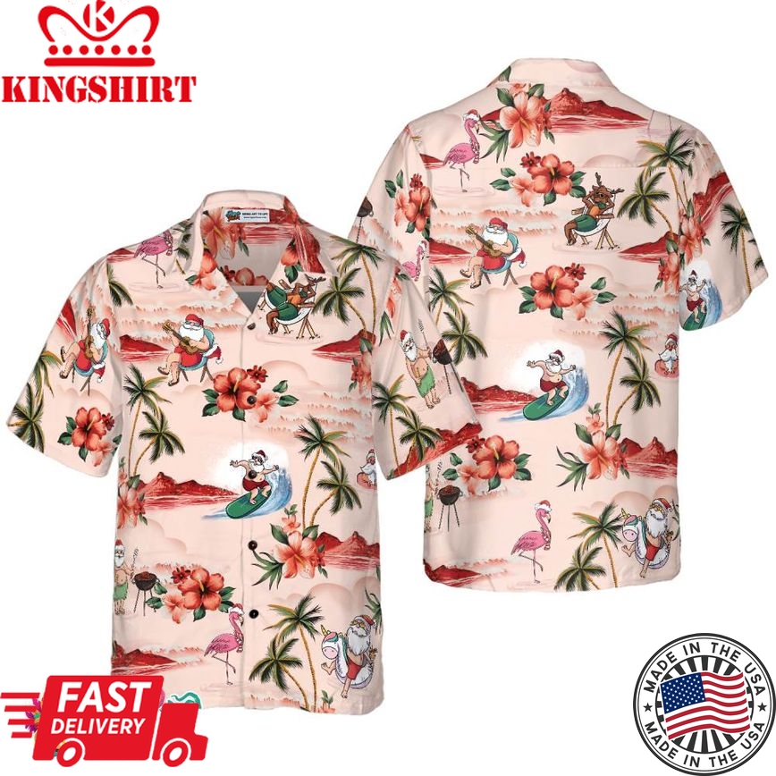 Christmas Hawaiian Shirts For Men And Women, Santa Beach Christmas Pattern Hawaiian Shirt Button Down Shirt Short Sleeve