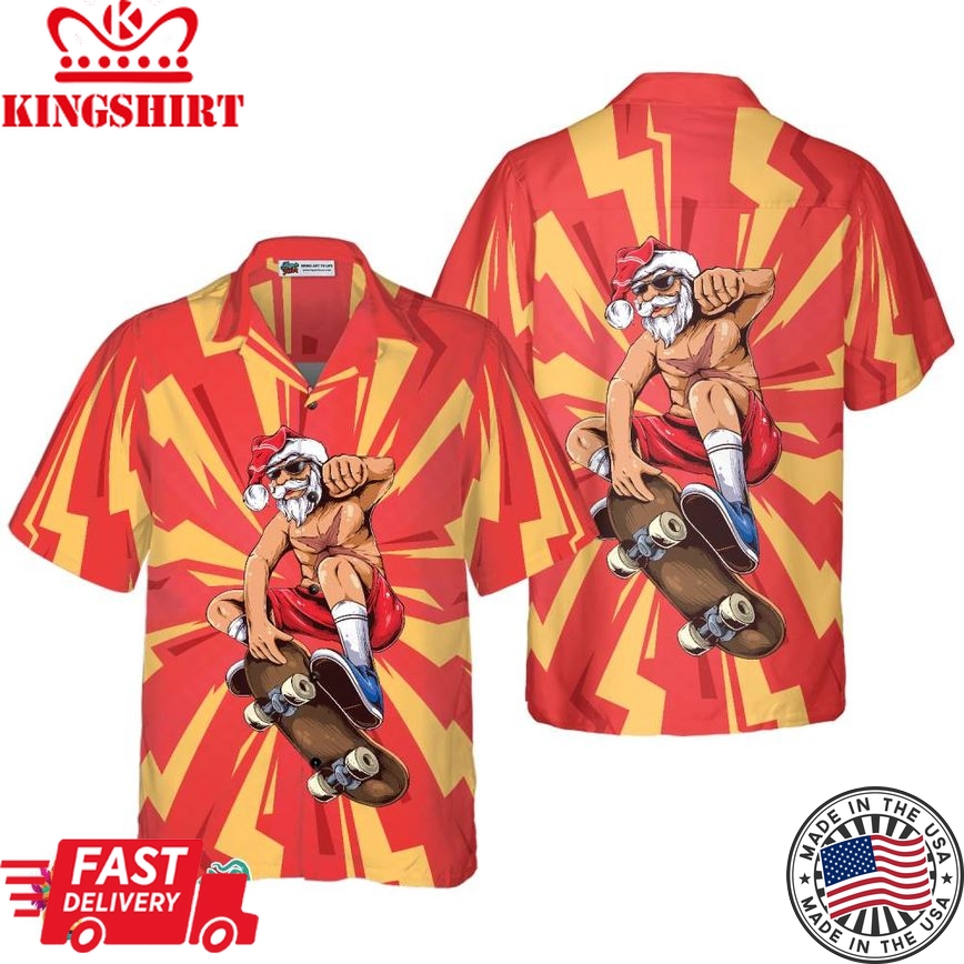 Christmas Hawaiian Shirts For Men And Women, Santa Sakteboarder Hawaiian Shirt Button Down Shirt Short Sleeve