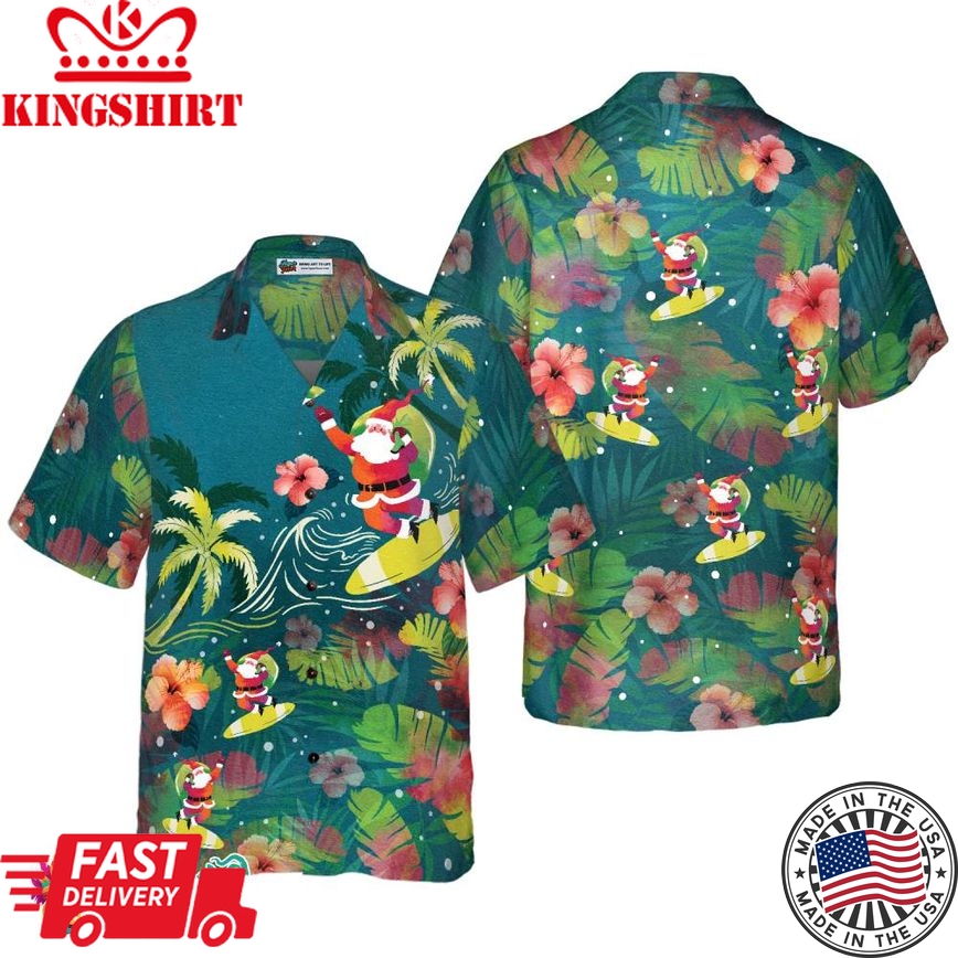 Christmas Hawaiian Shirts For Men And Women, Santa Surfing Tropical Hawaiian Shirt Button Down Shirt Short Sleeve