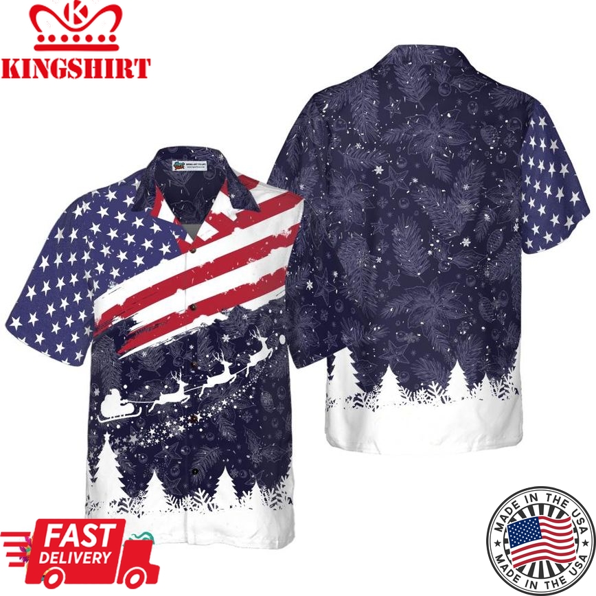 Christmas Hawaiian Shirts, Merry Christmas Usa Flag Pattern Shirt Short Sleeve, Christmas Shirt Idea Gift For Men And Women