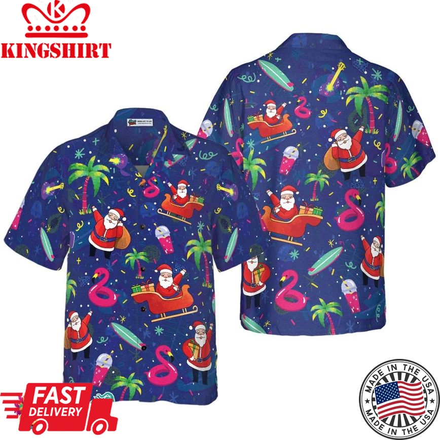 Christmas Hawaiian Shirts, Santa Flamingo Tropical Pattern Shirt Short Sleeve, Christmas Shirt Idea Gift For Men And Women