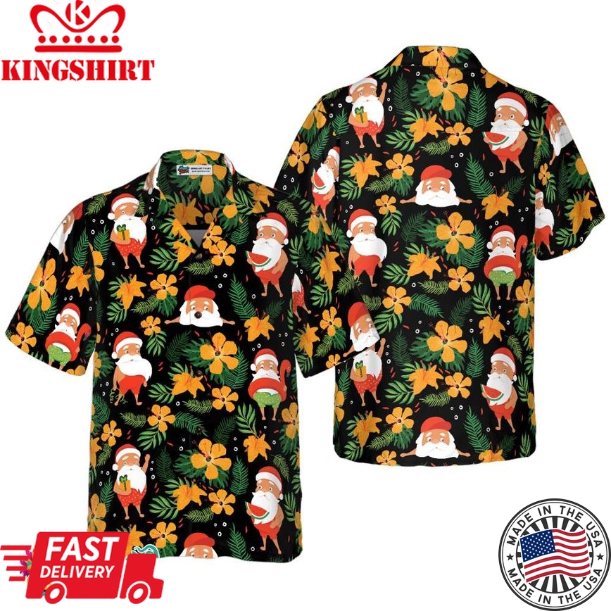 Christmas Hawaiian Shirts, Santa Swimming Tropical Pattern Shirt Short Sleeve, Christmas Shirt Idea Gift For Men And Women