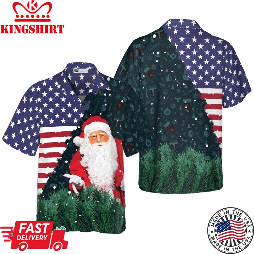 Christmas Hawaiian Shirts, Santa Usa Flag Pattern Shirt Short Sleeve, Christmas Shirt Idea Gift For Men And Women