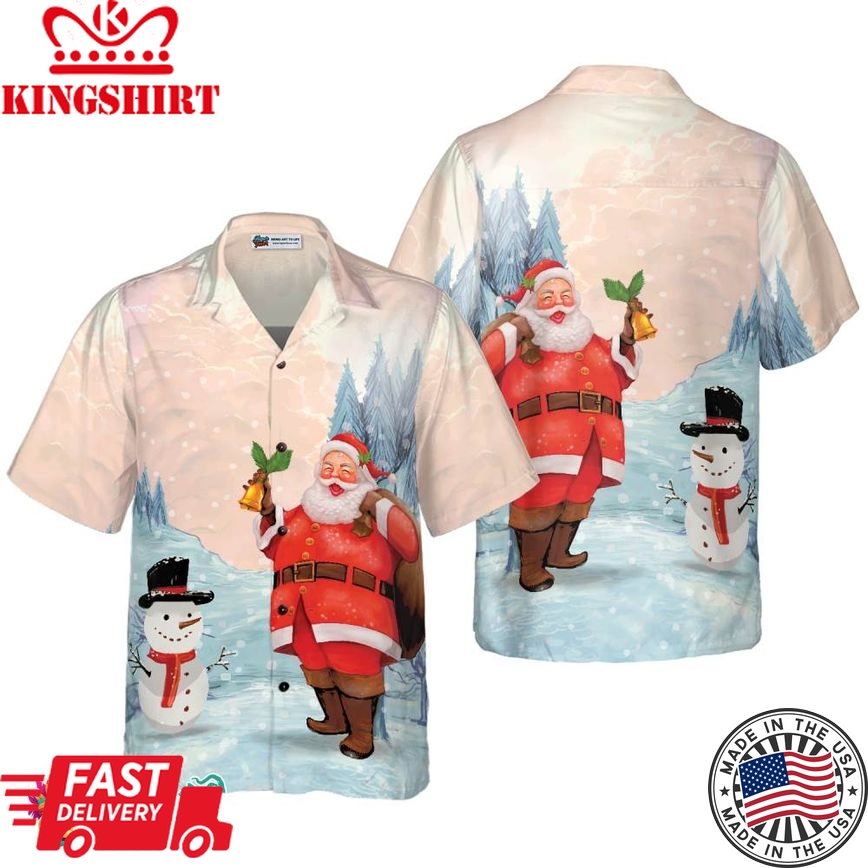 Christmas Hawaiian Shirts,Santa With Snowman Shirt Short Sleeve, Christmas Shirt Idea Gift For Men And Women