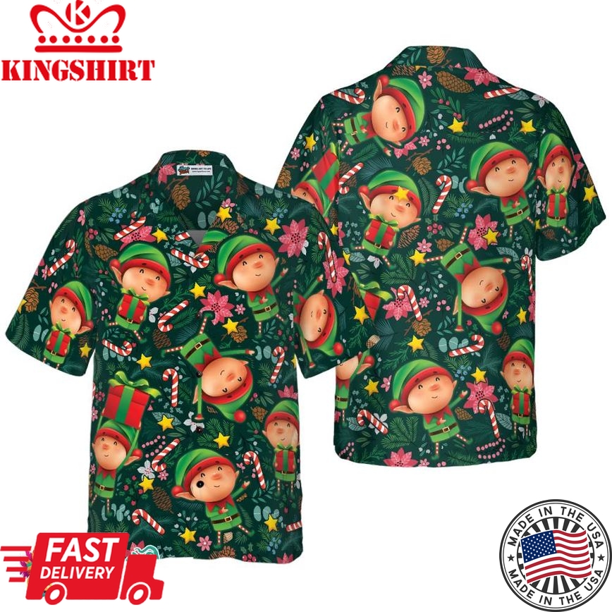 Christmas Hawaiian Shirts, The Christmas Elf With Dark Green Pattern Shirt Short Sleeve, Christmas Shirt Idea Gift For Men And Women