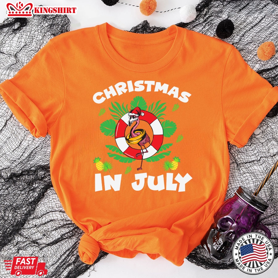 Christmas In July Santa Flamingo 4th of July Summer Vacation T-Shirt