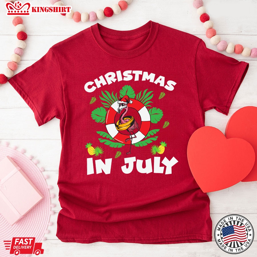 Christmas In July Santa Flamingo 4th of July Summer Vacation T-Shirt