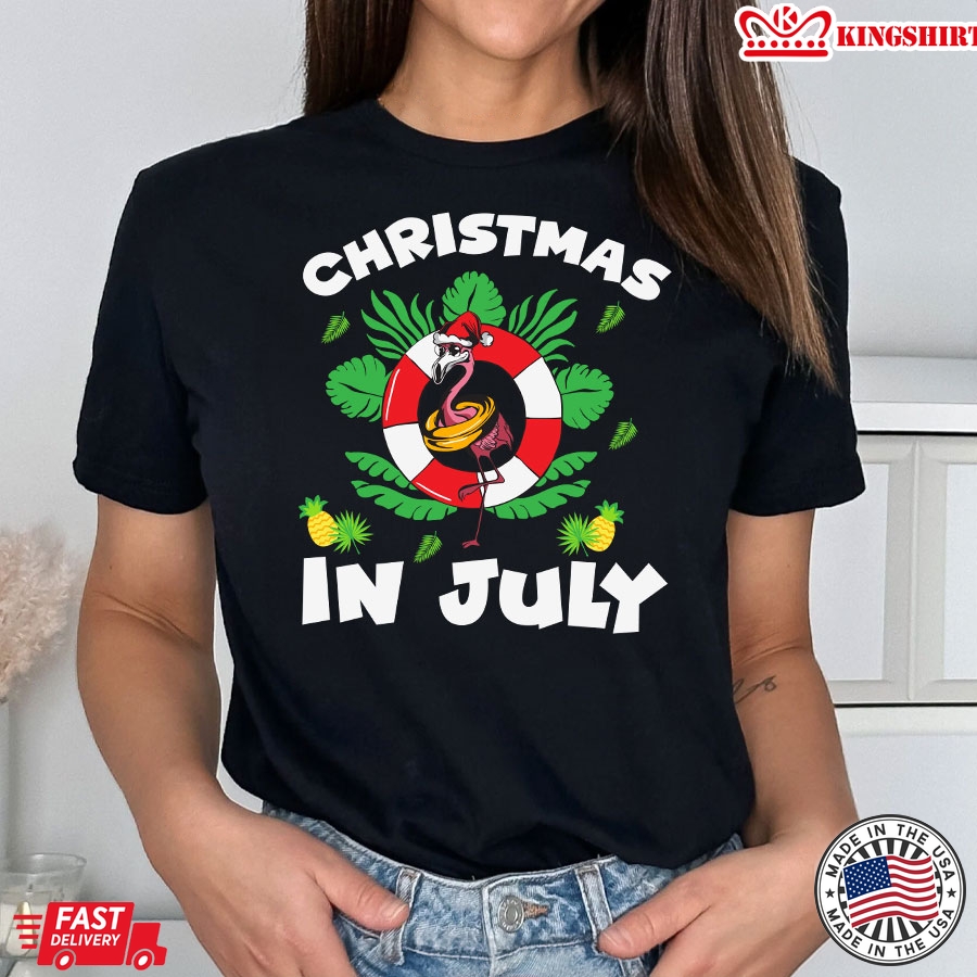 Christmas In July Santa Flamingo 4th of July Summer Vacation T-Shirt