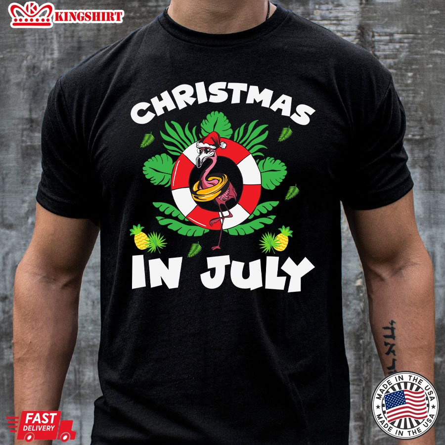 Christmas In July Santa Flamingo 4th of July Summer Vacation T-Shirt