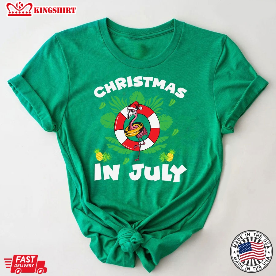 Christmas In July Santa Flamingo 4th of July Summer Vacation T-Shirt