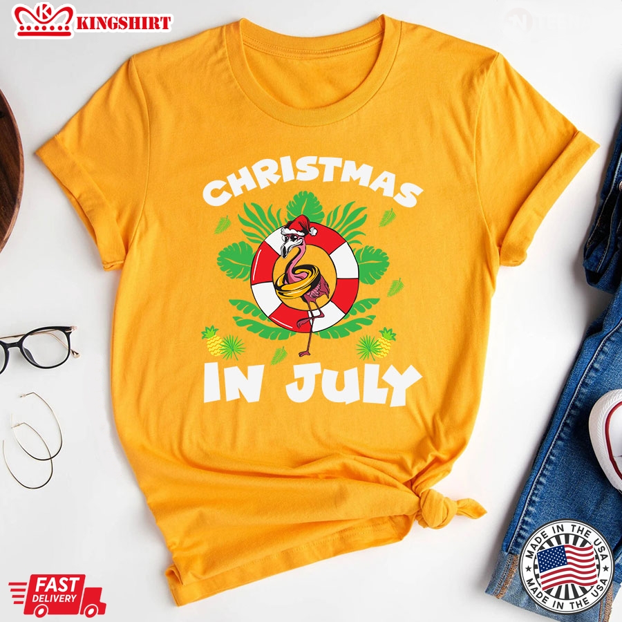 Christmas In July Santa Flamingo 4th of July Summer Vacation T-Shirt