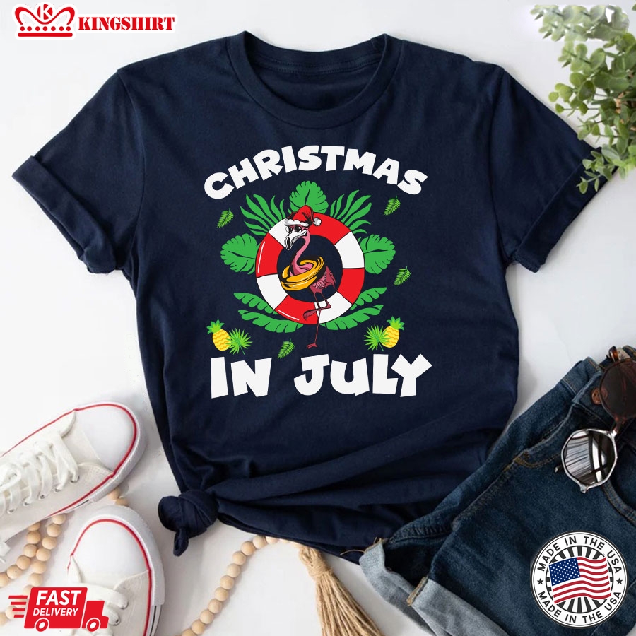 Christmas In July Santa Flamingo 4th of July Summer Vacation T-Shirt