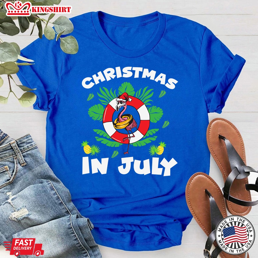 Christmas In July Santa Flamingo 4th of July Summer Vacation T-Shirt