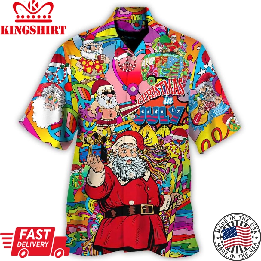 Christmas In July Santa Hippie Sending Gift In Summer Hawaiian Shirt