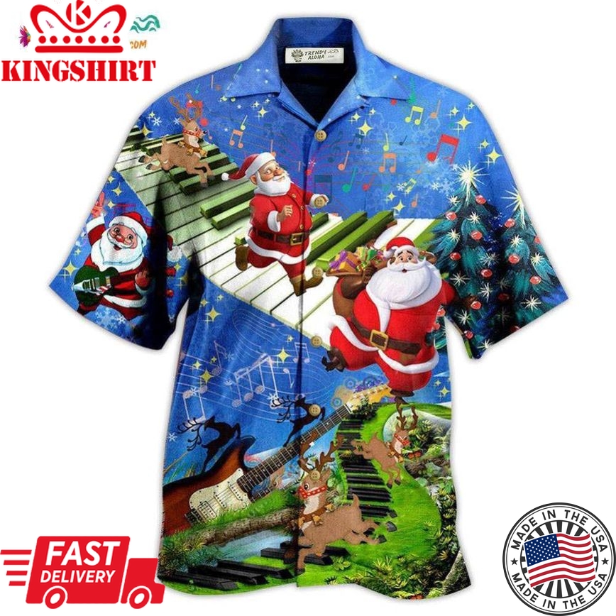 Christmas Jumping On Musical Instrument In Blue Hawaiian Shirt