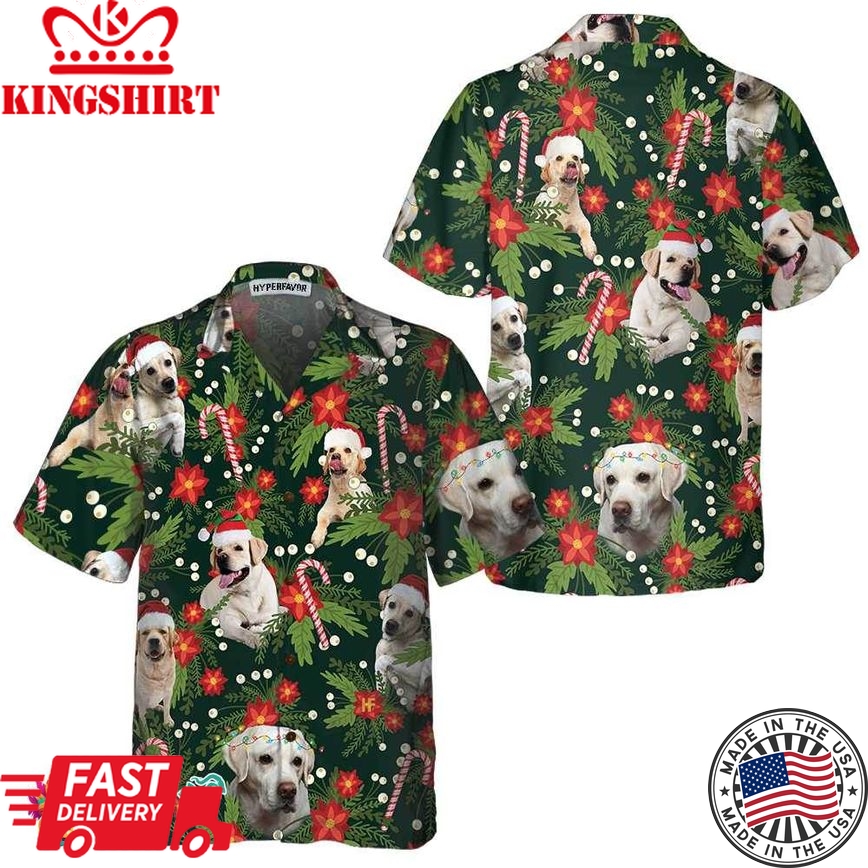 Christmas Labrador Retriever With Poinsettia Flower Hawaiian Shirt, Funny Labrador Shirt For Men & Women